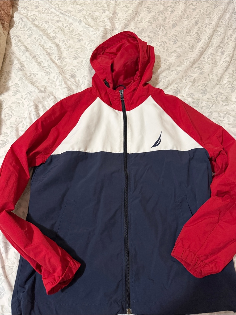 Nautica Red White Navy Colorblock Hooded Windbreaker